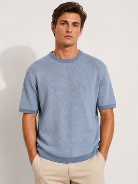 🆕️Thomas Sterling London New York Men’s XL Blue Knit Sweater Tee Luxury Short